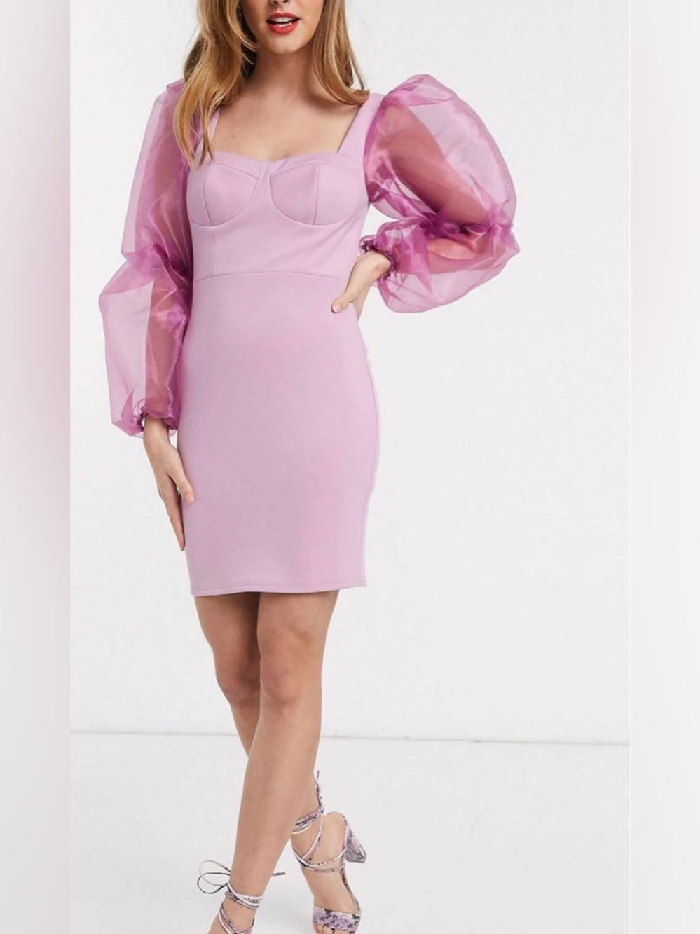 ASOS Lilac Bodycon Mini Dress with Sheer Puff Sleeves